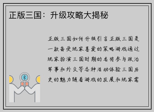 正版三国：升级攻略大揭秘